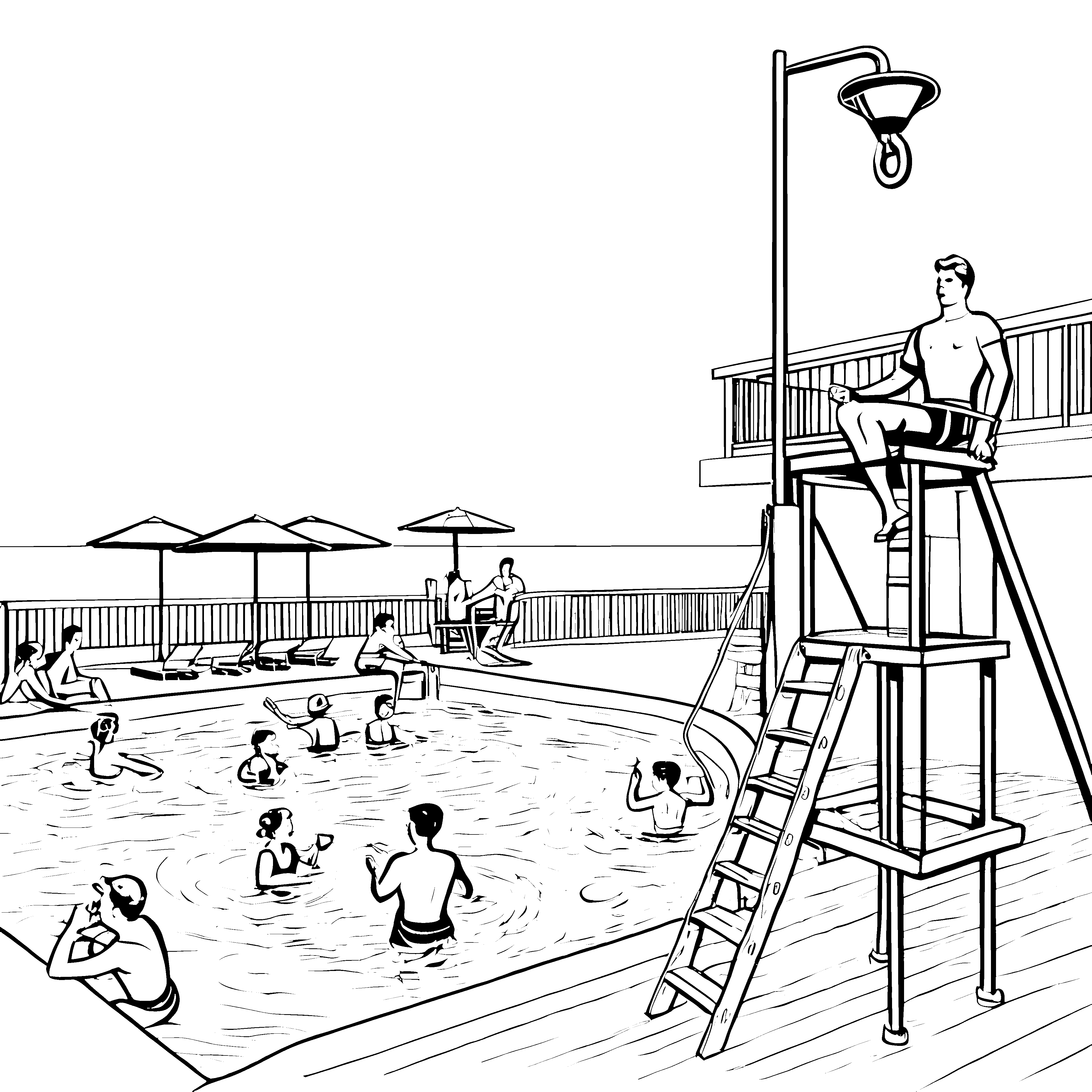 Wachsamer Rettungsschwimmer am Pool Ausmalbild für neugierige Schwimmer