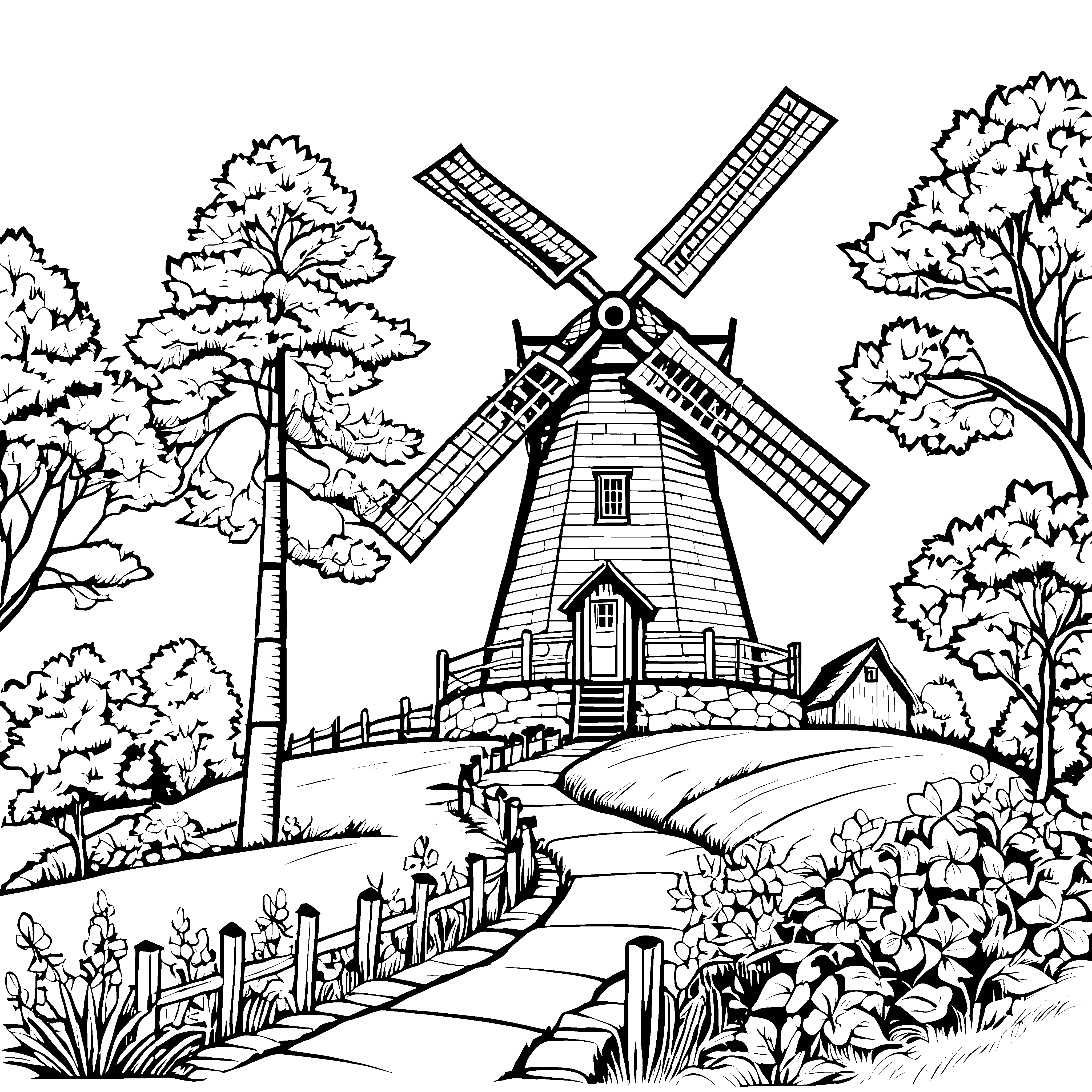 Idyllische Windmühle am Pfad Malbild für kreative Naturfreunde