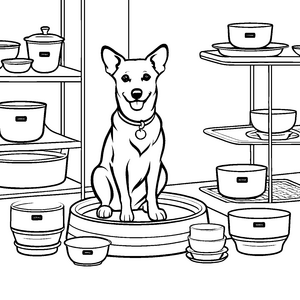Fröhlicher Hund bei vielen Hundenäpfen Ausmalvorlage für kreative Haustierfreunde