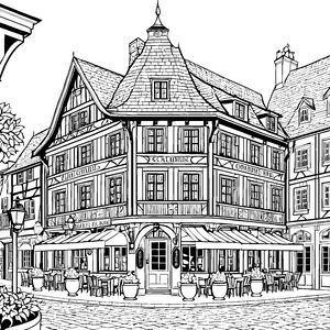 Historische Fachwerk-Taverne mit Außenterrasse Malbild für junge Abenteurer