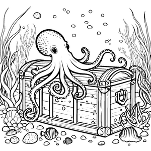 Mysteriöser Oktopus auf Schatzkiste Malvorlage für junge Meeresforscher