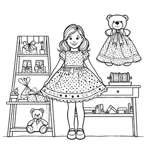 Mädchen im Punktkleid mit ihren Teddybären Ausmalbild fuer kleine Entdecker
