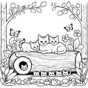 Liebevolle Katzenmama auf Baumstamm Bastelmotiv für Naturfreunde