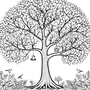Prachtvoller Baum mit Vögeln Malvorlage für neugierige Waldfreunde