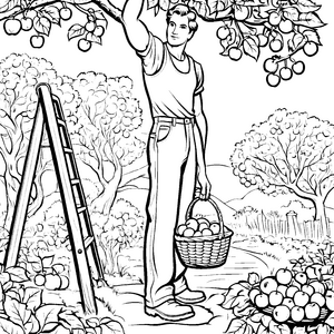 Büscheliger Obstgarten mit Mann in Herren-Langehosen Malvorlage für Gartenfreunde