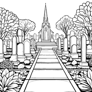 Ehrfürchtiger Friedhof mit Kapelle Malvorlage für kleine Friedhofsbesucher