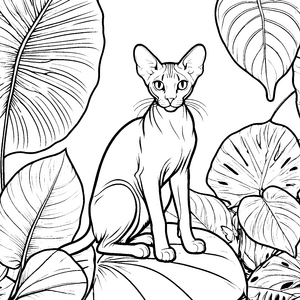 Exotische Sphynx-Katze im Dschungel: Ausmalbild für kreative Tropenfreunde