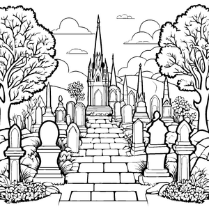 Mystischer Friedhof mit Kapelle Ausmalbild für kleine Grabeskünder