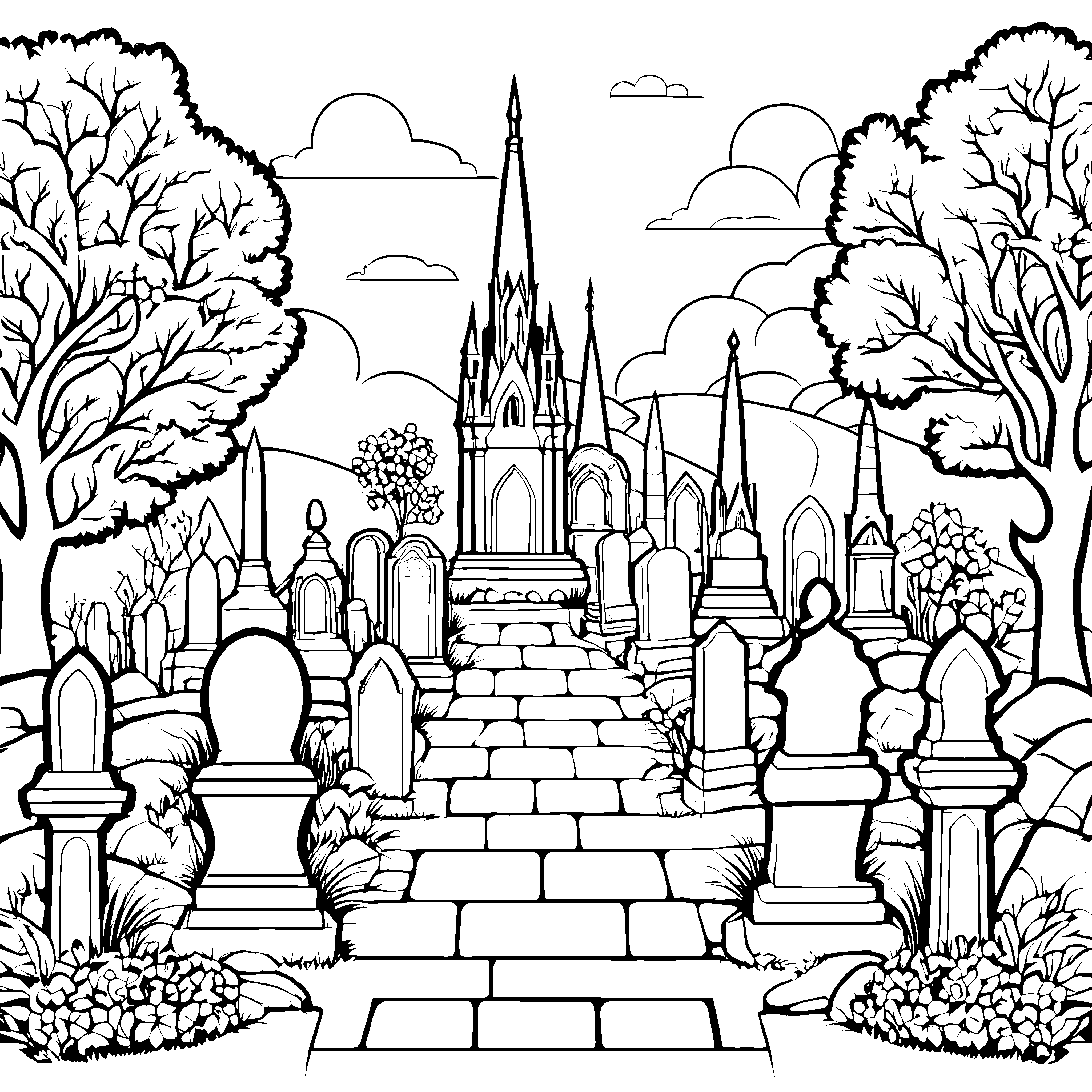 Mystischer Friedhof mit Kapelle Ausmalbild für kleine Grabeskünder