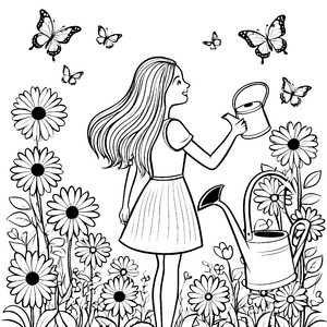Mädchen mit glatten langen Haaren im Blumenbeet Ausmalbild fuer kleine Entdecker