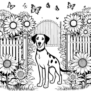 Freundlicher Dalmatiner bei Sonnenblumen Bastelvorlage für Gartenfreunde