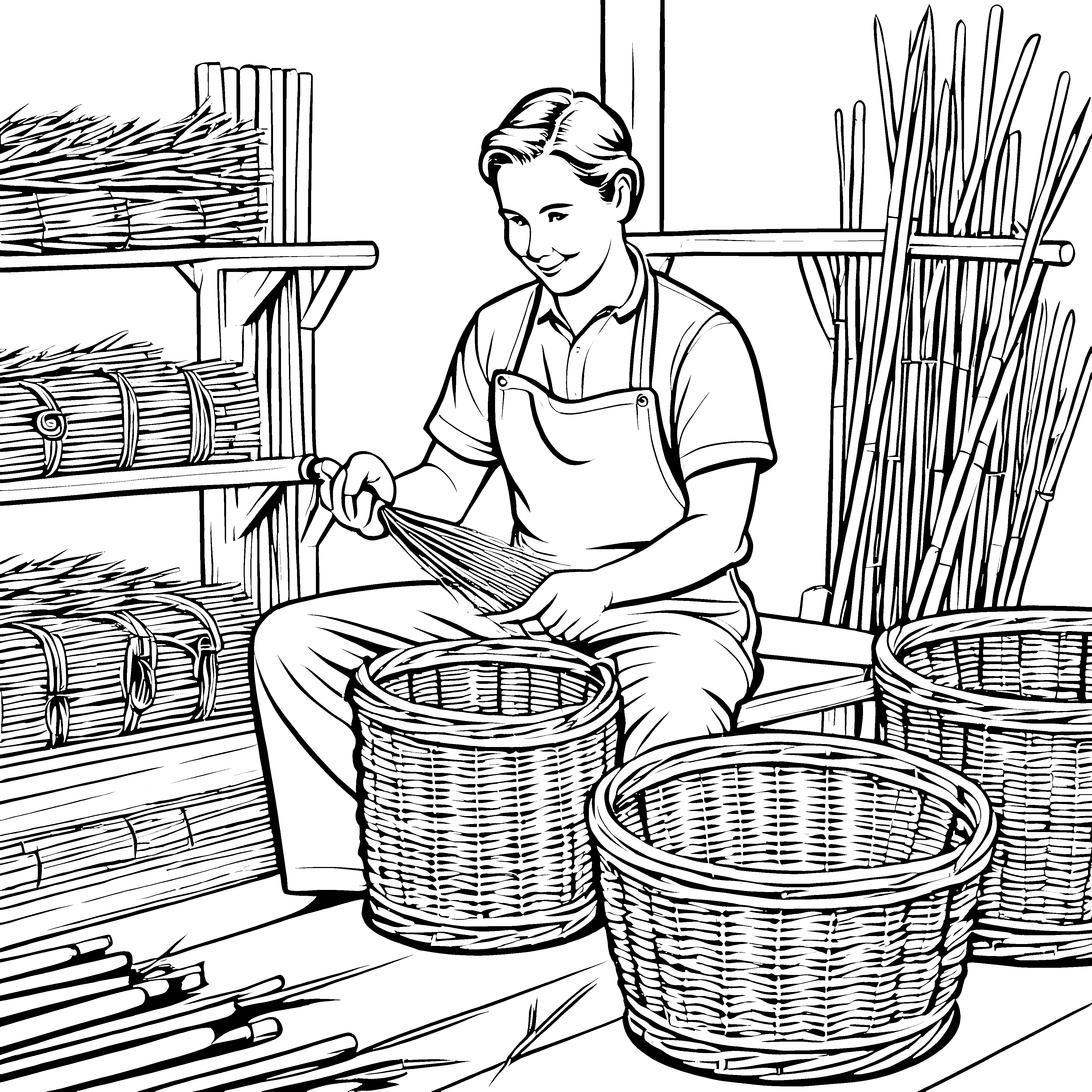 Geschickter Korbmacher mit Weidenruten Ausmalbild für mutige Handwerker