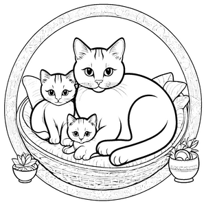 Gebekliche Katzenmama im Korb Ausmalbild für "mutige Katzenfreunde"