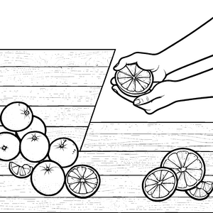 Saftige Orangen auf Holz Ausmalbild für Obstfreunde