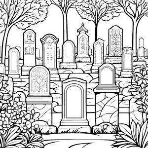 Ehrwürdiger Friedhof mit Grabsteinen Malvorlage für mutige Gedenkfreunde