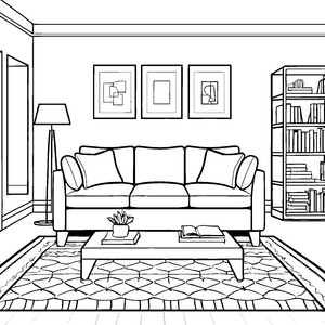 Gemütliches Dreisitzer-Sofa mit Couchtisch: Ausmalvorlage für kleine Bücherwürmer