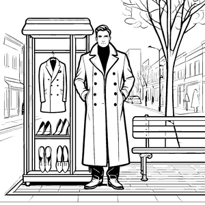 Eleganter Herrenmantel vor Schaufenster Malvorlage für fröhliche Stadtbummler