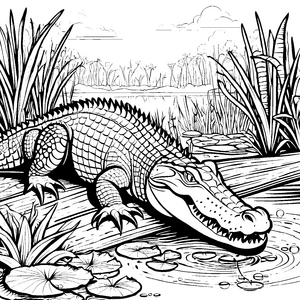Das Krokodil am Teich mit Seerosen und Schilfgras - Ausmalbild fuer kleine Entdecker