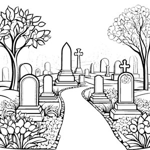 Ruhiger Friedhof mit Grabsteinen Bastelvorlage für malfreudige Gedenker