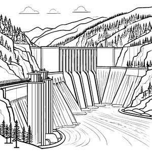 Imposanter Staudamm mit Wasserfällen Ausmalbild für kreative Wasserforscher