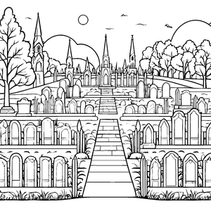 Ehrwürdiger Friedhof mit Kirche Bastelmotiv für mutige Grabmale