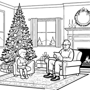 Gemütliche Vorlesestunde am Weihnachtsbaum Bastelmotiv für Geschichtenfreunde