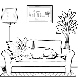 Entspannte Sphynx-Katze auf dem Sofa Ausmalvorlage für Wohnzimmerfreunde