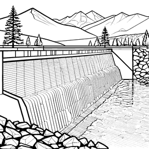 Imposanter Staudamm mit Bergfontäne Bastelmotiv für malfreudige Wasserforscher