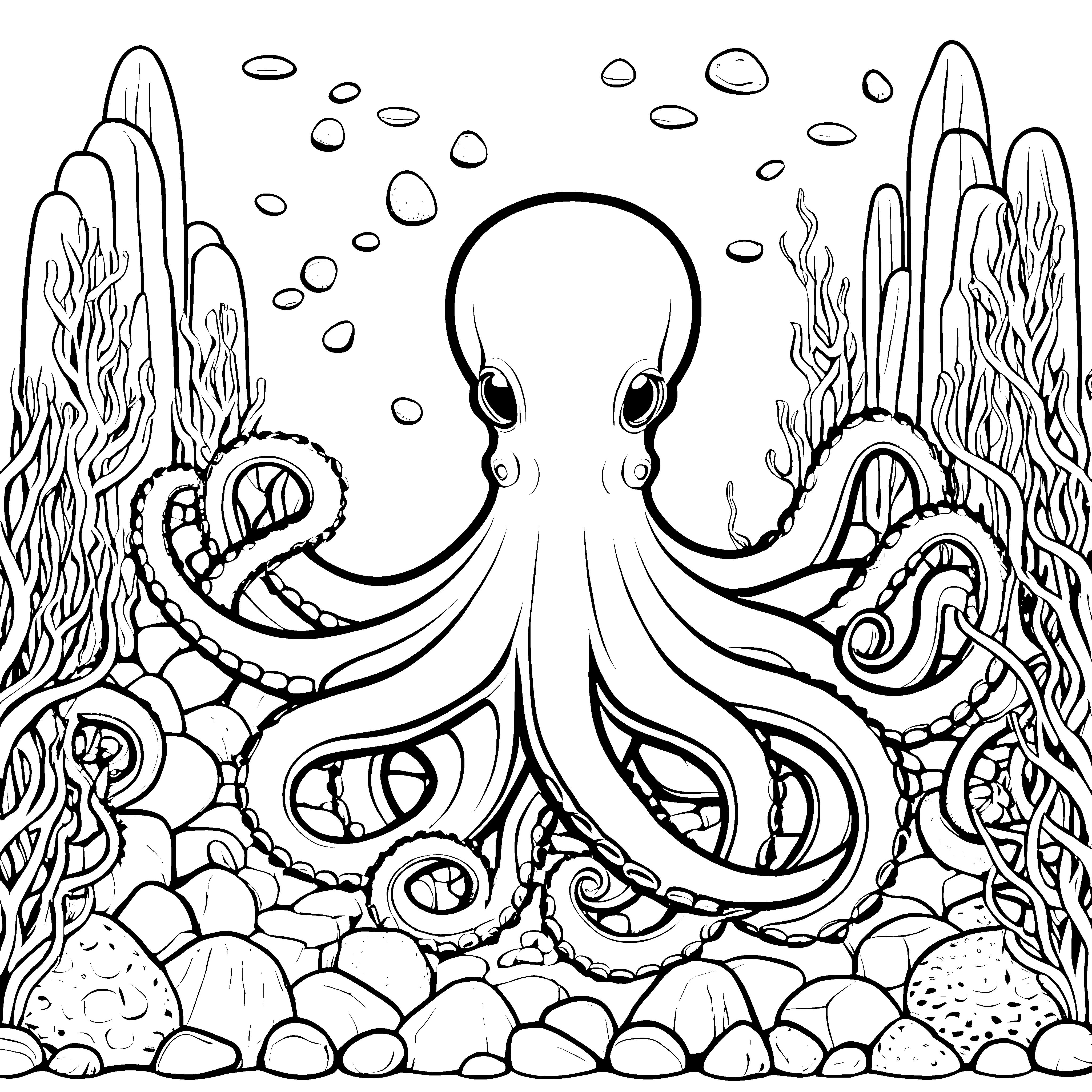 Großer Oktopus bei Korallen Bastelmotiv für Wasserforscher