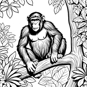 Ruhiger Schimpanse auf dem Baumast Ausmalvorlage für kleine Waldfreunde