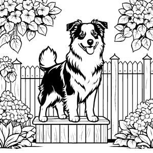 Lächelnder Australian Shepherd auf Podest Ausmalvorlage für malfreudige Gartenfreunde