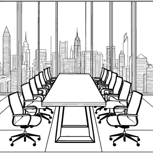 Moderner Konferenztisch mit Skyline Bastelmotiv für Bürofans
