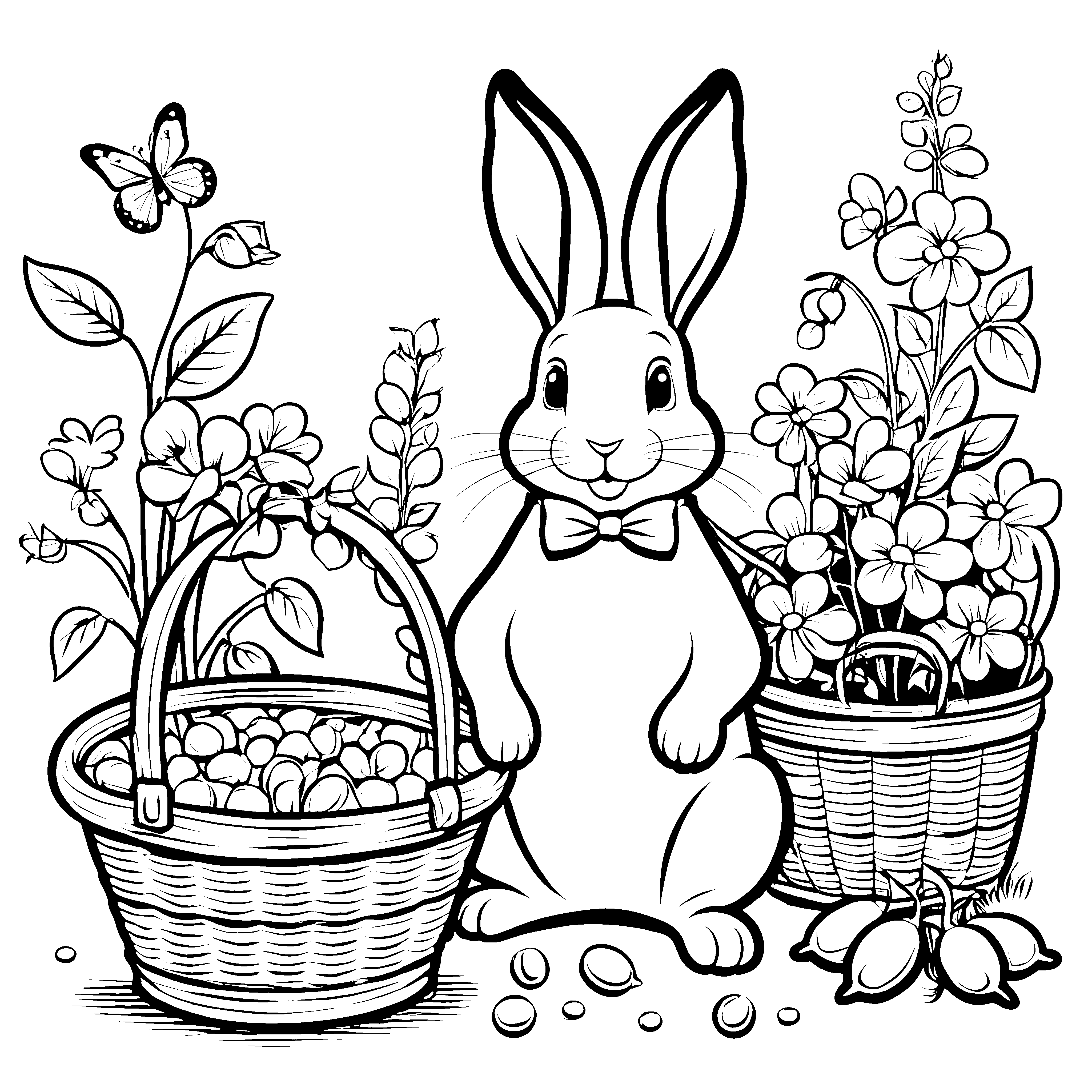 Der Hase mit den Körben voller Zuckererbsen - Ausmalbild fuer kleine Entdecker