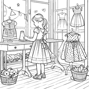 Das kleine Mädchen im Atelier mit vielen schönen Kleidern – Ausmalbild fuer kleine Entdecker