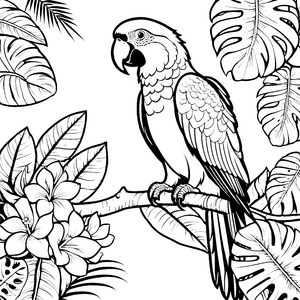 Exotischer Papagei mit Frangipani-Blüten Ausmalvorlage für malfreudige Dschungelträumer