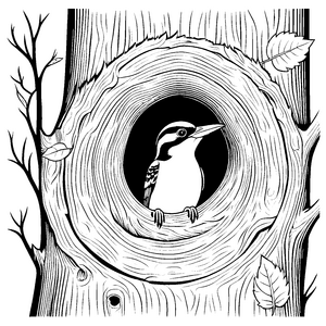 Detailreicher Specht in Baumhöhle Malbild für junge Waldfreunde