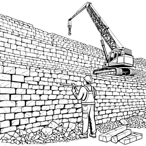 Imponierende Steinwand mit Bagger-Ausmalvorlage für junge Baumeister