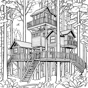 Abenteuerliche Baumhäuser mit Holztreppen Bastelmotiv für neugierige Waldfreunde