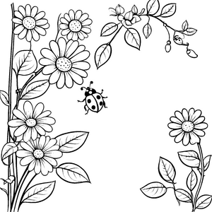 Zuckererbsen mit Blumen und einem kleinen Marienkäfer - Ausmalbild fuer kleine Entdecker