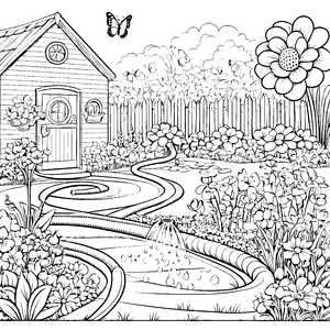 Geschwungener Gartenschlauch am Brunnen Malbild für kreative Gartenfreunde