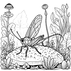 Große Heuschrecke auf Stein Ausmalbild für kleine Gartenfreunde
