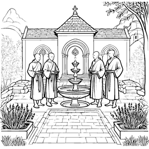 Ehrwürdige Mönche am Brunnen Malvorlage für kleine Entdecker