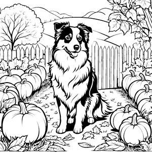 Stolzer Australian Shepherd bei Kürbissen Malbild für Gartenfreunde