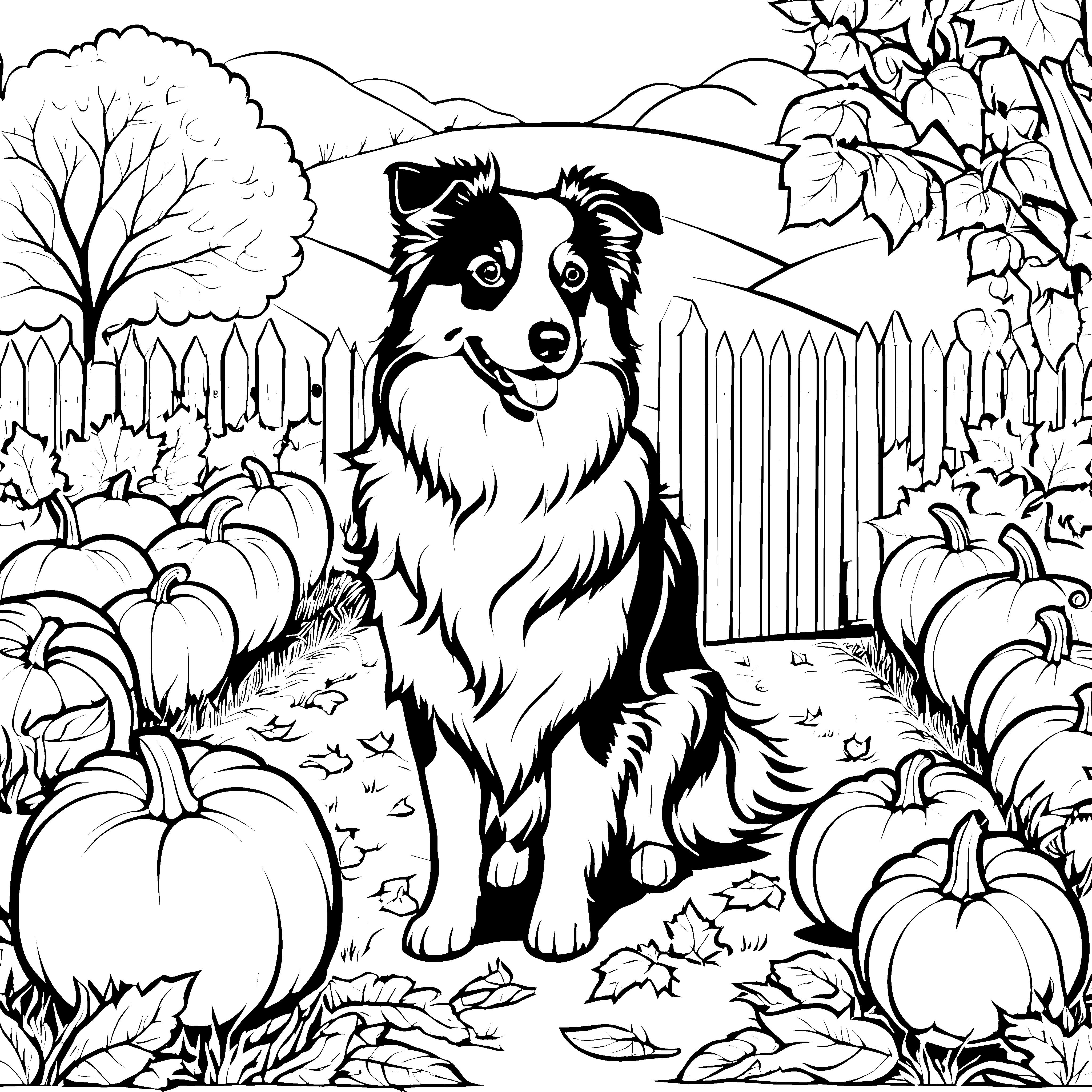Stolzer Australian Shepherd bei Kürbissen Malbild für Gartenfreunde