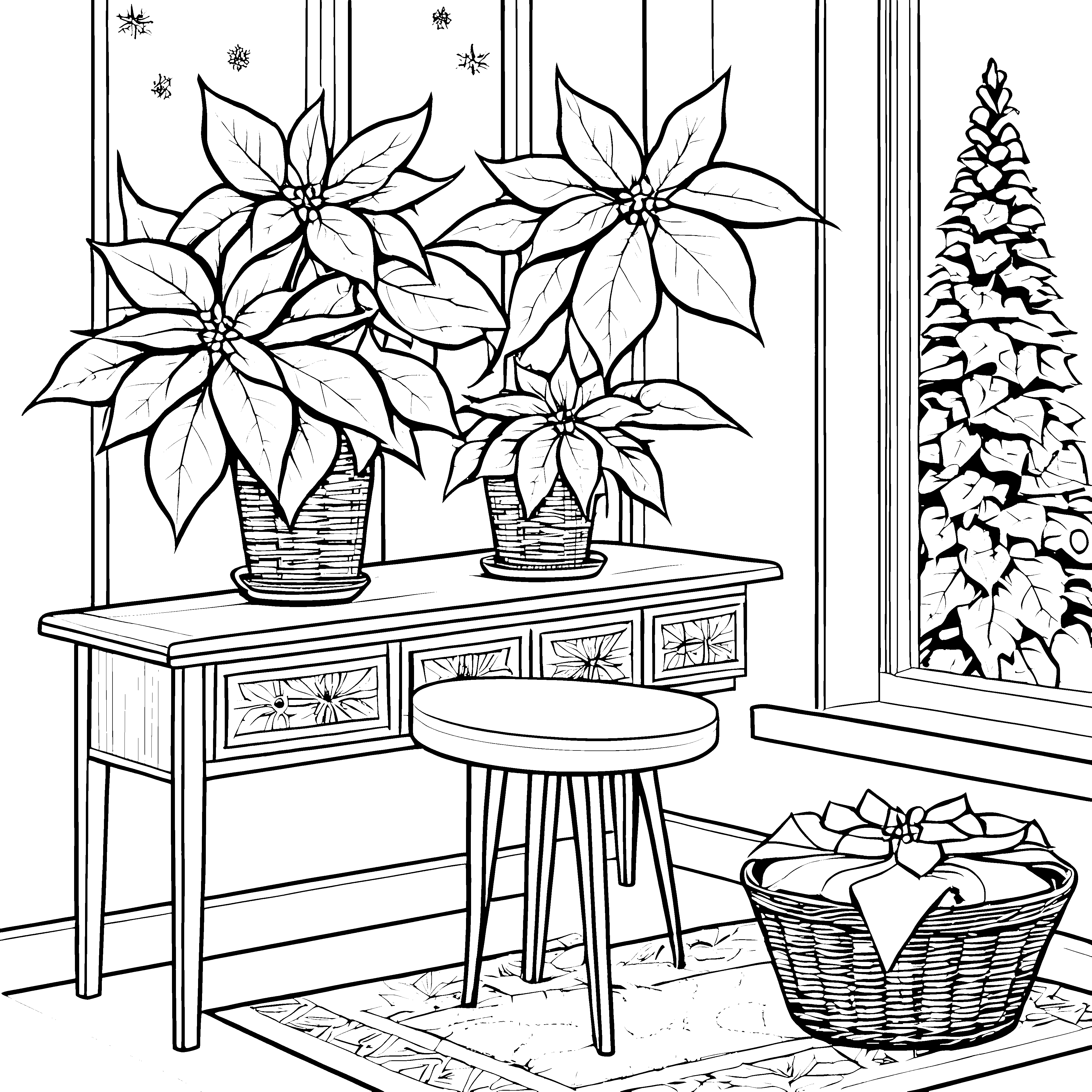 Gemütliche Weihnachtssterne auf der Konsole Ausmalbild für junge Winterträumer