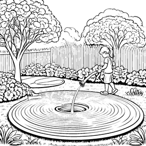 Fröhliches Kind mit Gartenschlauch: Ausmalbild für Wasserfreunde