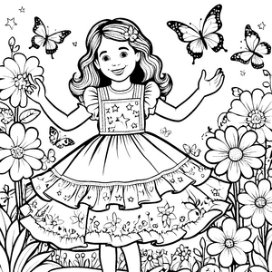 Mädchen im Rüschenkleid mit Sternen und Schmetterlingen Ausmalbild fuer kleine Entdecker