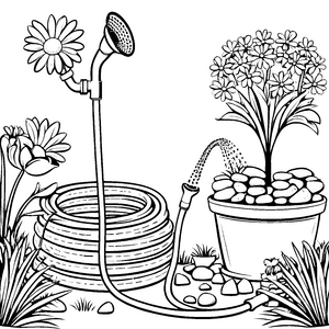 Praktischer Gartenschlauch mit Sprühdüse Ausmalvorlage für junge Pflanzenpfleger