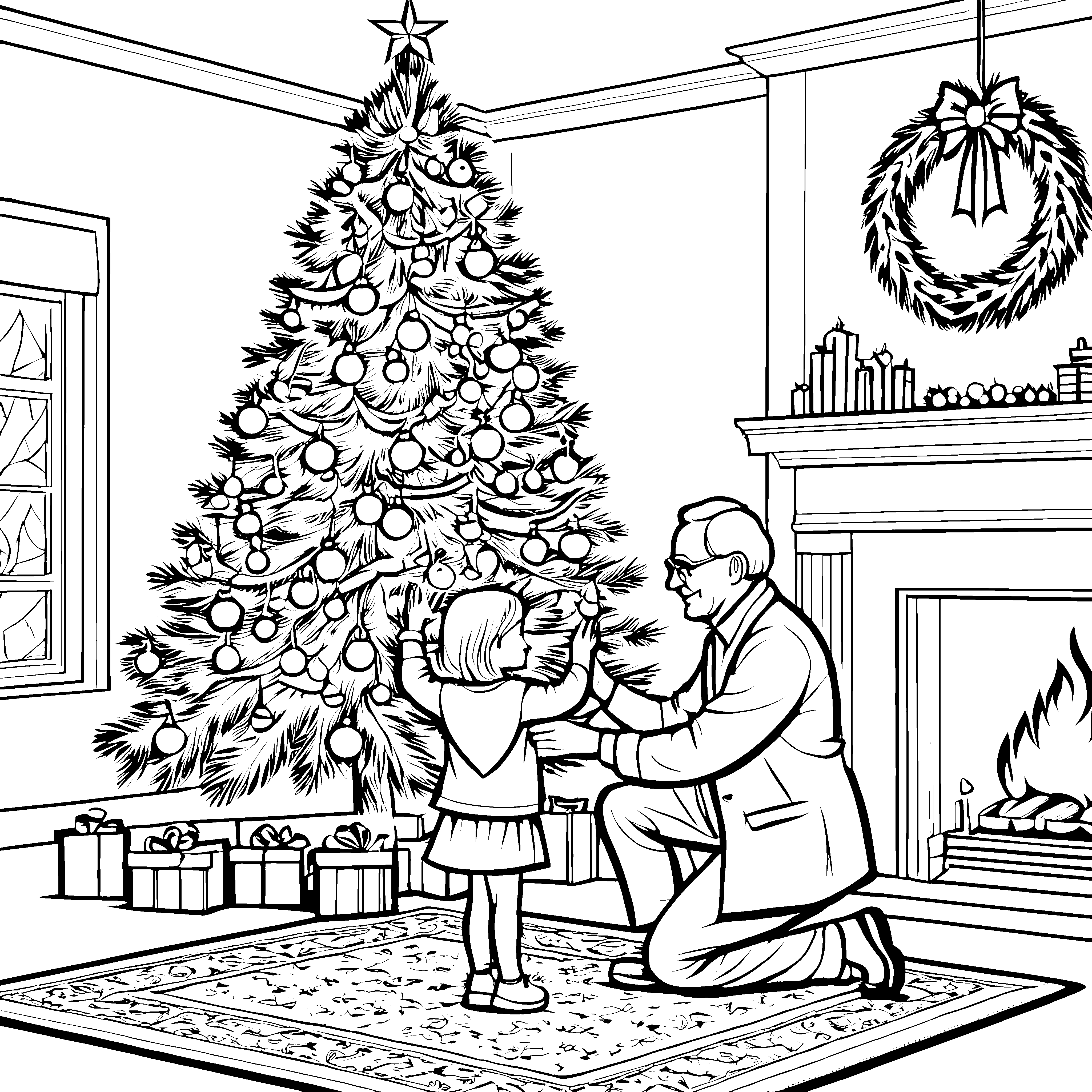 Herzliches Schenken am Weihnachtsbaum Ausmalbild für kleine Festfreuden