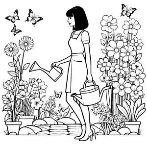 Fröhliche Frau mit Bobhaarschnitt Ausmalbild für junge Gartenfreunde